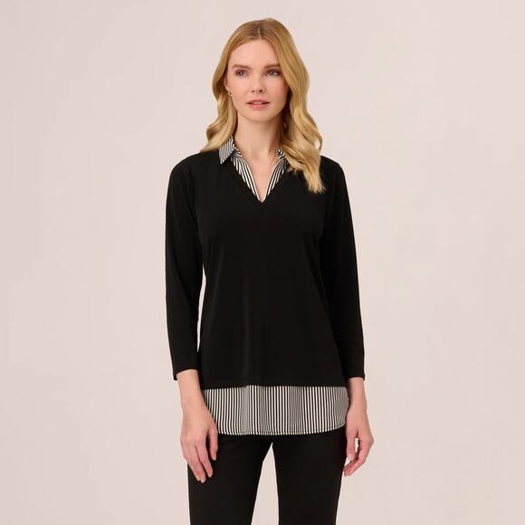 Adrianna Papell Three Quarter Sleeve Sweater Black Ivory Stripe Top NWT Size S - Picture 2 of 5